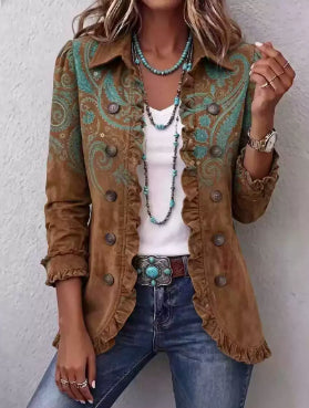 Veste camel à grand motif cachemire turquoise, col chemise et bords à volants
