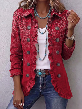 Veste bohème rouge à imprimé bandana, boutons décoratifs sur le devant