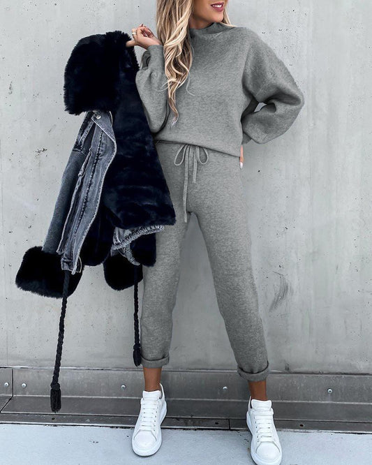 Ensemble maille col montant gris chiné Garnito, pull et pantalon assortis