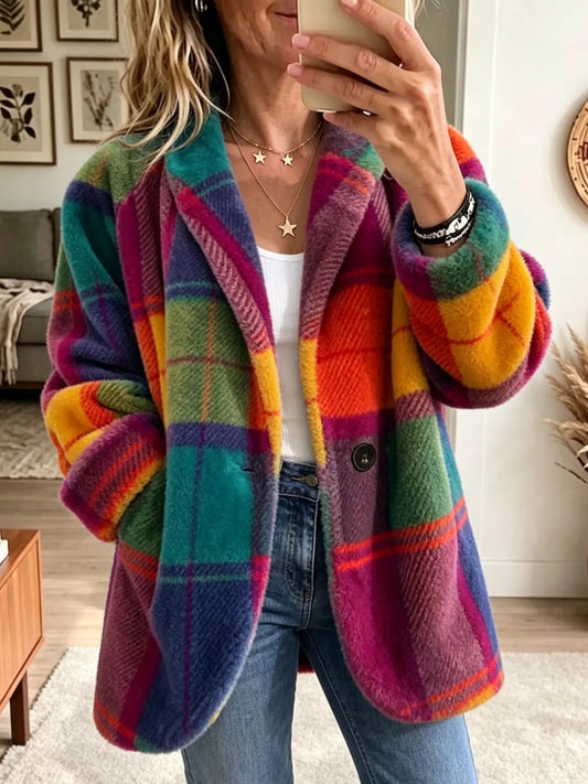 Manteau Colette arc-en-ciel porté de face